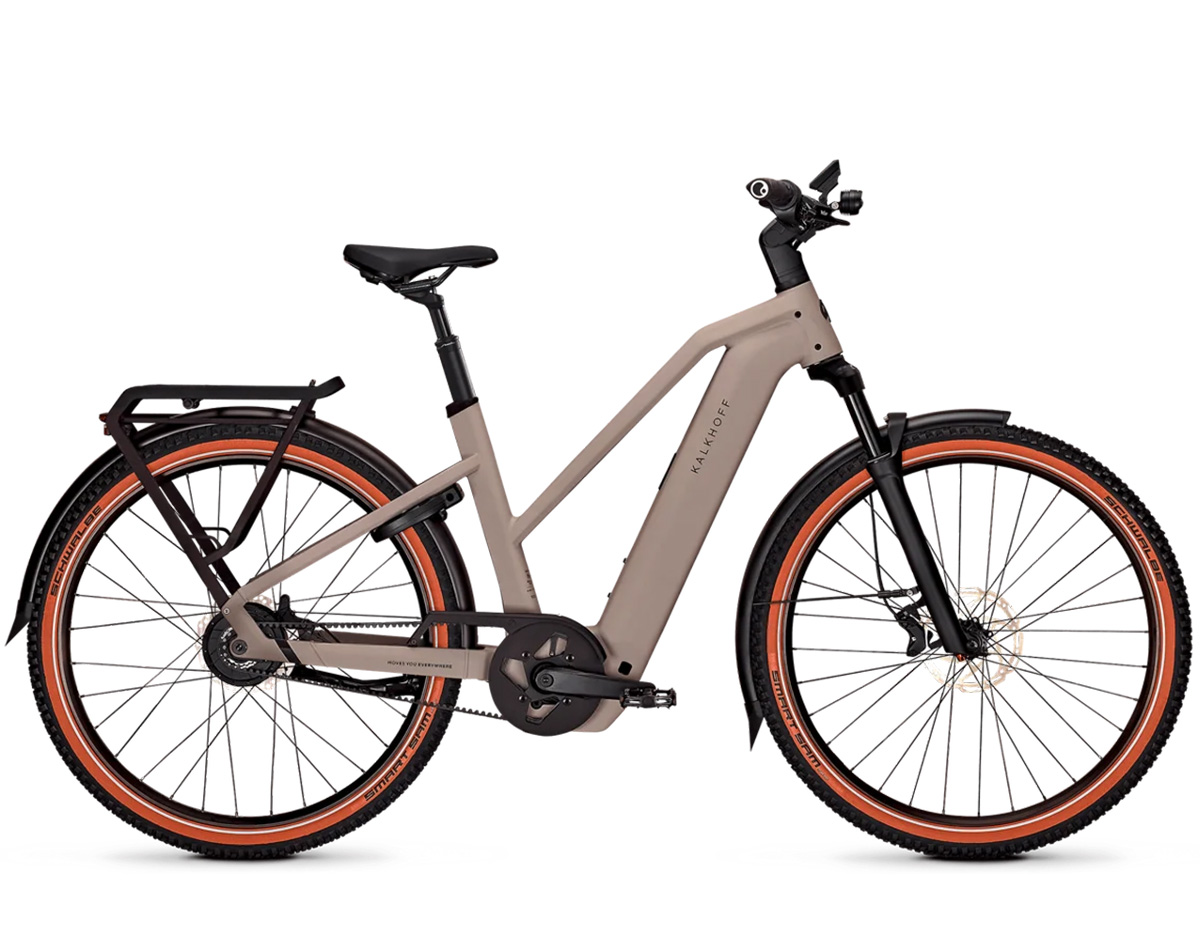 Kalkhoff ENTICE 5+ ADVANCE BELT FL (Freilauf) mit 800 Wh-Akku als Trapez-Rahmen in der Farbe moonstonegrey, Modell 2025